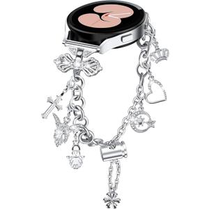 Bling Bands Compatible for Samsung Galaxy Watch 7/FE/6/5/4 40mm 44mm, 5 Pro, Watch 6/4 Classic 43mm 47mm 42mm 46mm, 20mm Metal Diamond Jewelry Strap, Charms Adjustable Bracelet for Women (Silver)