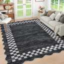 GlowSol Scalloped 8x10 Washable Rugs for Living Room Farmhouse, Neutral Rugs for Bedroom Non Slip Checkered Accent Carpet, Low Pile Stain-Resistant Large Carpet for Dining Room Office Dorm,Black