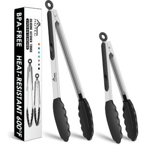 HOTEC Premium Stainless Steel Locking Kitchen Tongs with Silicon Tips, Set of 2-9" and 12"