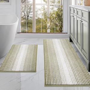 BSICPRO Bathroom Rugs and Mats Sets, 2 Piece Thick Absorbent Chenille Non Slip, Soft Shaggy Floor Mats, Machine Washable (Linden Green, 20" x 47" Plus 16" x 24")