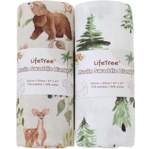 LifeTree Muslin Swaddle Blankets, Woodland Baby Swaddling Wrap Nursery Receiving Blanket for Boys & Girls Unisex, Soft 70% Viscose from Bamboo and 30% Cotton, Large 47 x 47 inches (Woodland Animals & Pine Tree)