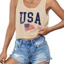 Women's 4th of July Outfits USA Shirt Patriotic Tank American Flag Crop Top (Beige, XL)