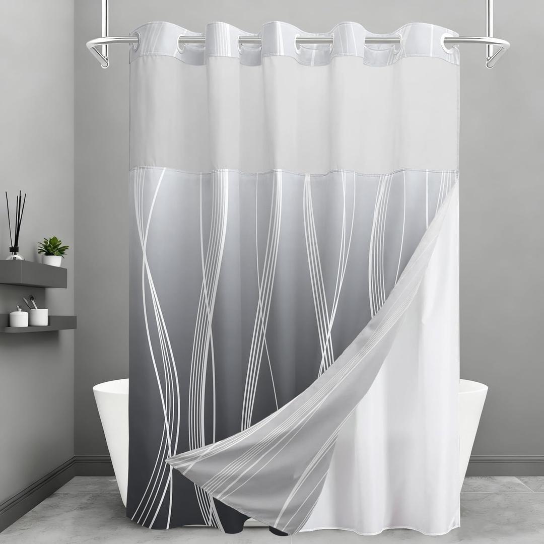 No Hook Shower Curtain and Liner Set, Ombre Grey Striped Shower Curtains with Snap in Fabric Liner, Hotel Ringless Waterproof Washable with See Through Top Window, 71" x 74"