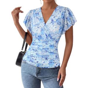 GRACE KARIN 2026 Womens Mesh Tops Summer Ruffle Sleeve Dressy Casual Top Floral Wrap Blouse Fashion Outfits (Blue, L)