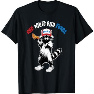 Red White And Feral, Funny Raccoon 4th of July T-Shirt (Small, Black)