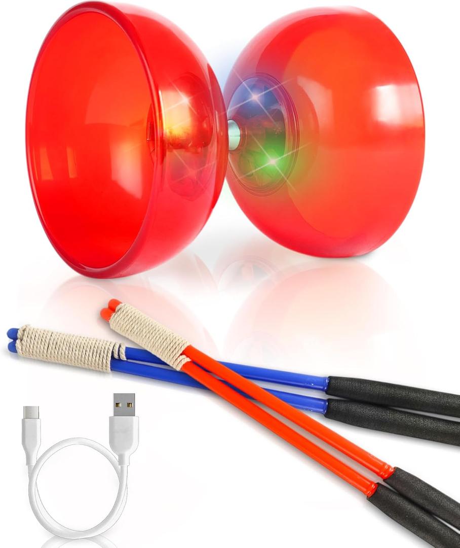 Rechargeable LED Diabolo Toy Set - Lightweight, Durable, with Vibrant Light Effects - Perfect for Beginners and Performers - Complete Kit with Sticks and Spare Strings (Red)