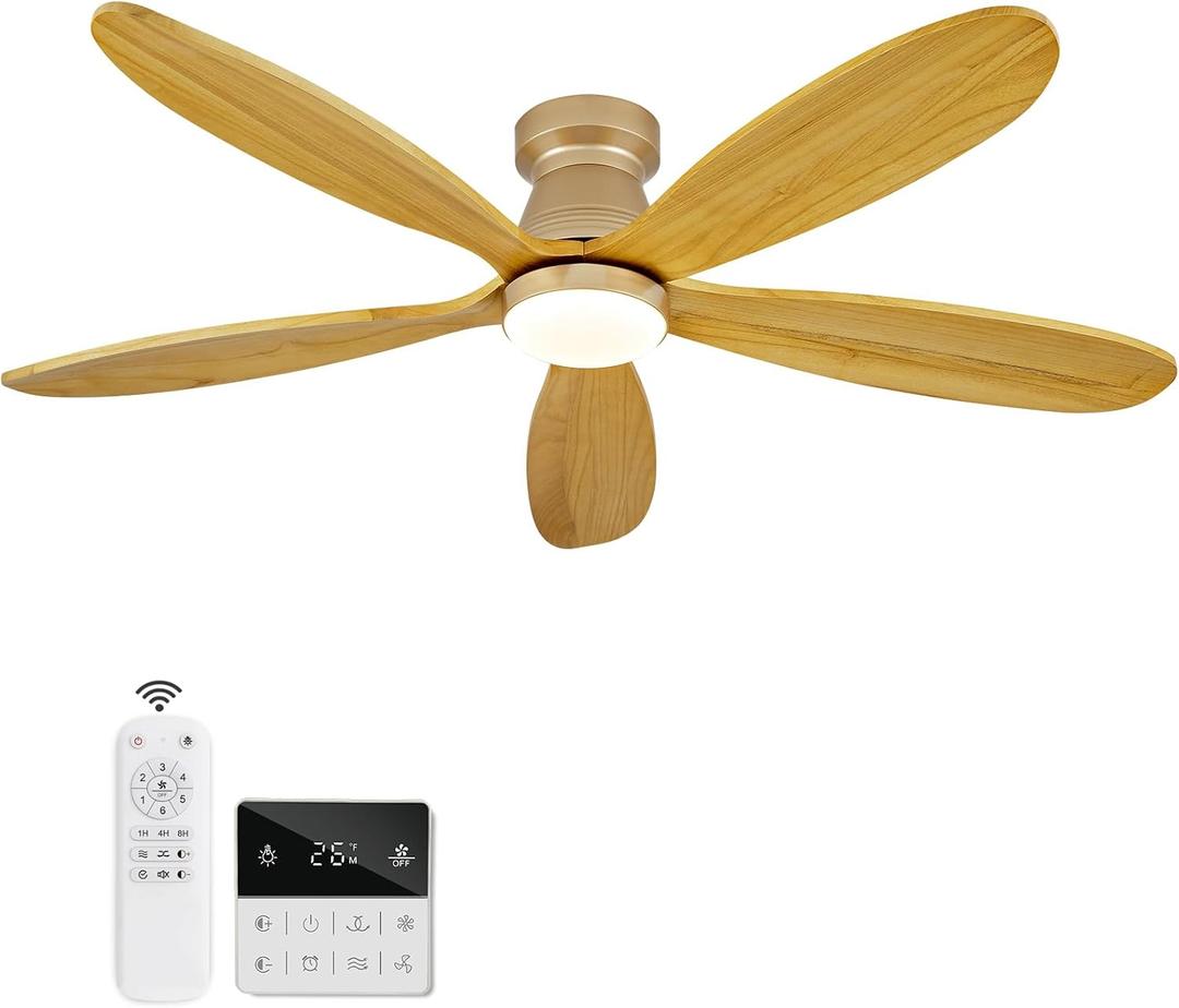 52 Inch Wood Ceiling Fans with Lights and Remote, Low Profile Flush Mount Modern Ceiling Fan with Light, 5 Blades, Dimmable, Wall Switch, Indoor Outdoor Black Ceiling Fan for Bedroom