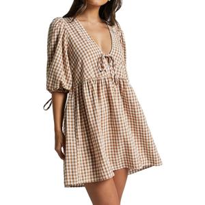 Women's Gingham Puff Sleeve Tie Front Babydoll Mini Dress (X-Large, Caramel White)
