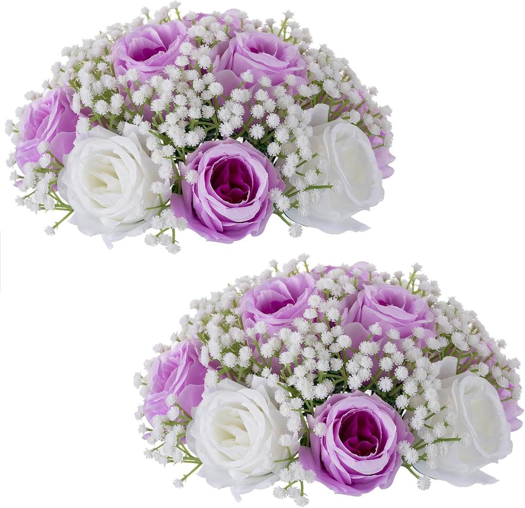 NUPTIO Babys Breath Artificial Flowers: 2 Pcs 9.4 inch Diameter Lilac Fake Rose Ball Arrangement Bouquet Centerpiece for Wedding Tables Event Party Decor