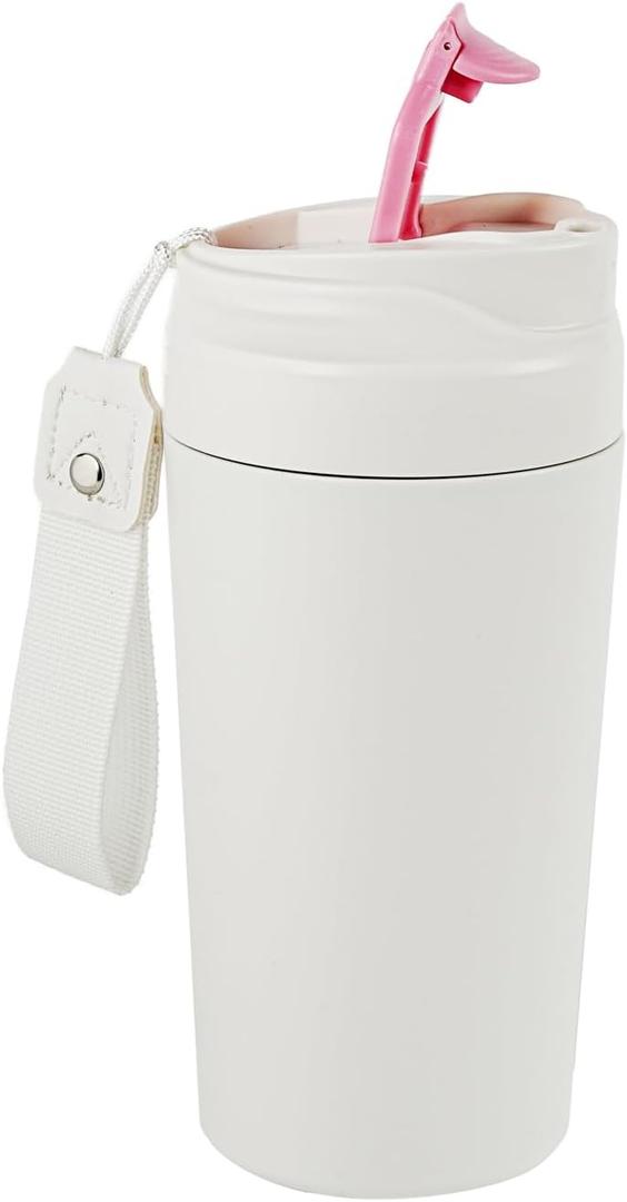 16oz Ceramic Travel Mug with Lid- 100% Real Ceramic Liner (No Coating), Heat-Resistant Outer Wall, Leak-Proof Lid with Detachable Strap, Fits Car Cup Holder (White - Pink)
