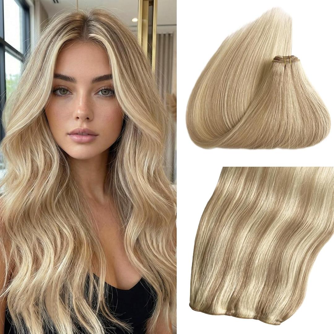 20 Inch Weft Hair Extensions Real Human Hair 100G 16/22 Light Blonde Highlighted Golden Blonde Sew in Hair Extensions Full Ends Double Weft Bundles Straight Silky Remy Hair Extension for Women
