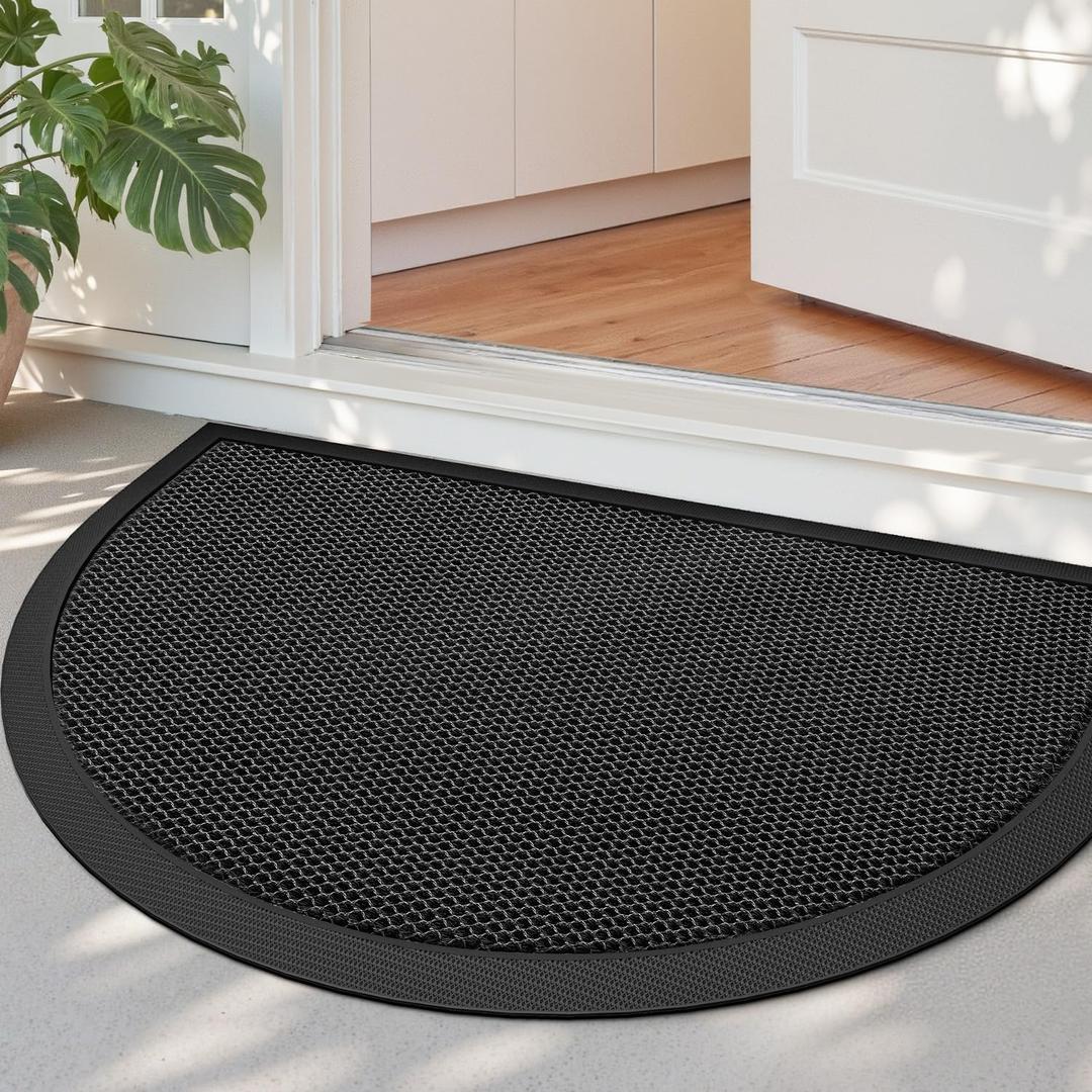 DEXI Front Door Mat Outside Entrance 20x32 Half Round Dark Grey | Semi Circle Heavy Duty Non Slip, Dirt Trapper Waterproof Exterior Entry Mats All Weather for Patio Entryway Porch Garage