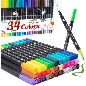 Reaeon Coloring Markers Pen, Dual Brush Tip Marker for Adult Coloring, 34 Color Calligraphy Brush Fine Tip Pen for Beginner Journal Planner, Drawing, Doodle