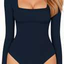MANGOPOP Women's Square Neck Long Sleeve Short Sleeve Bodysuit Slim Fitted Shirt Tops,  Large