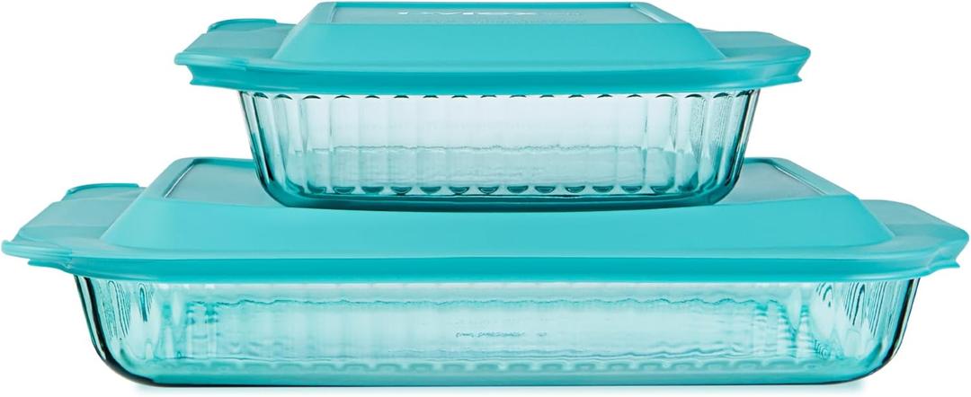 Pyrex Colors Tinted (2-Pack, Full Set) Tinted Glass Baking Dish with BPA-Free Lid, Oblong Bakeware Glass Pan For Casserole & Lasagna, Dishwasher, Freezer, Microwave and Pre-Heated Oven Safe, Aqua (9x13, 8x8)