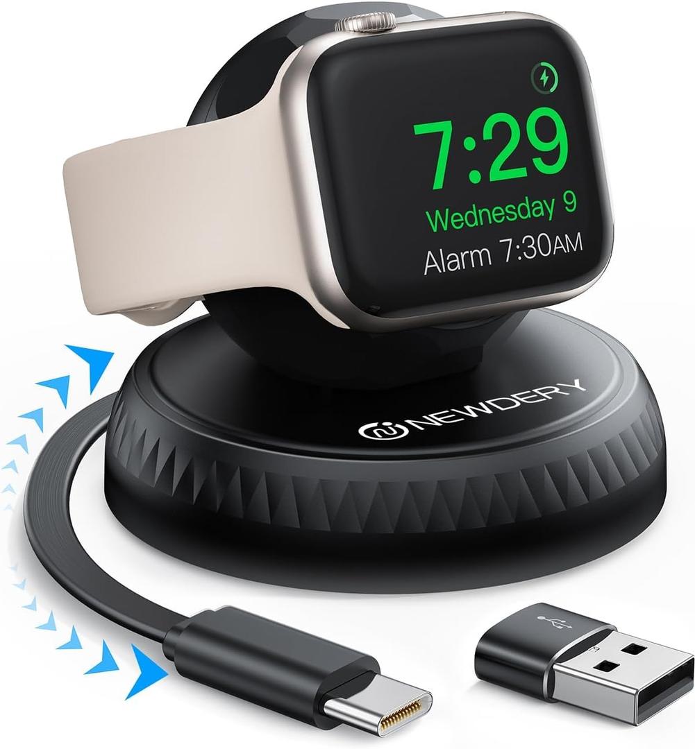NEWDERY Retractable for Apple Watch Charger Stand, Portable Fast Wireless Magnetic Charging Station with USB C Cable for iWatch Ultra Series 10/SE/9/8/7/6/5/4/3/2/1, Black