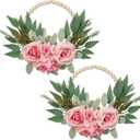DILATATA 10" Artificial Floral Wood Bead Wreaths - Eucalyptus Leaves, Rose, Hydrangea - Boho Farmhouse Wall Decor - 2 Pack - Pink