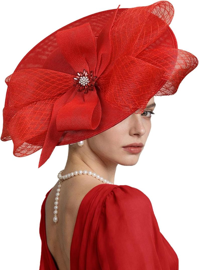 Kgromfy Women's Wide Brim Fascinator Hat Tea Party Headband Large Vintage Church Hat Lady Headwear for Derby Wedding Cocktail, One Size