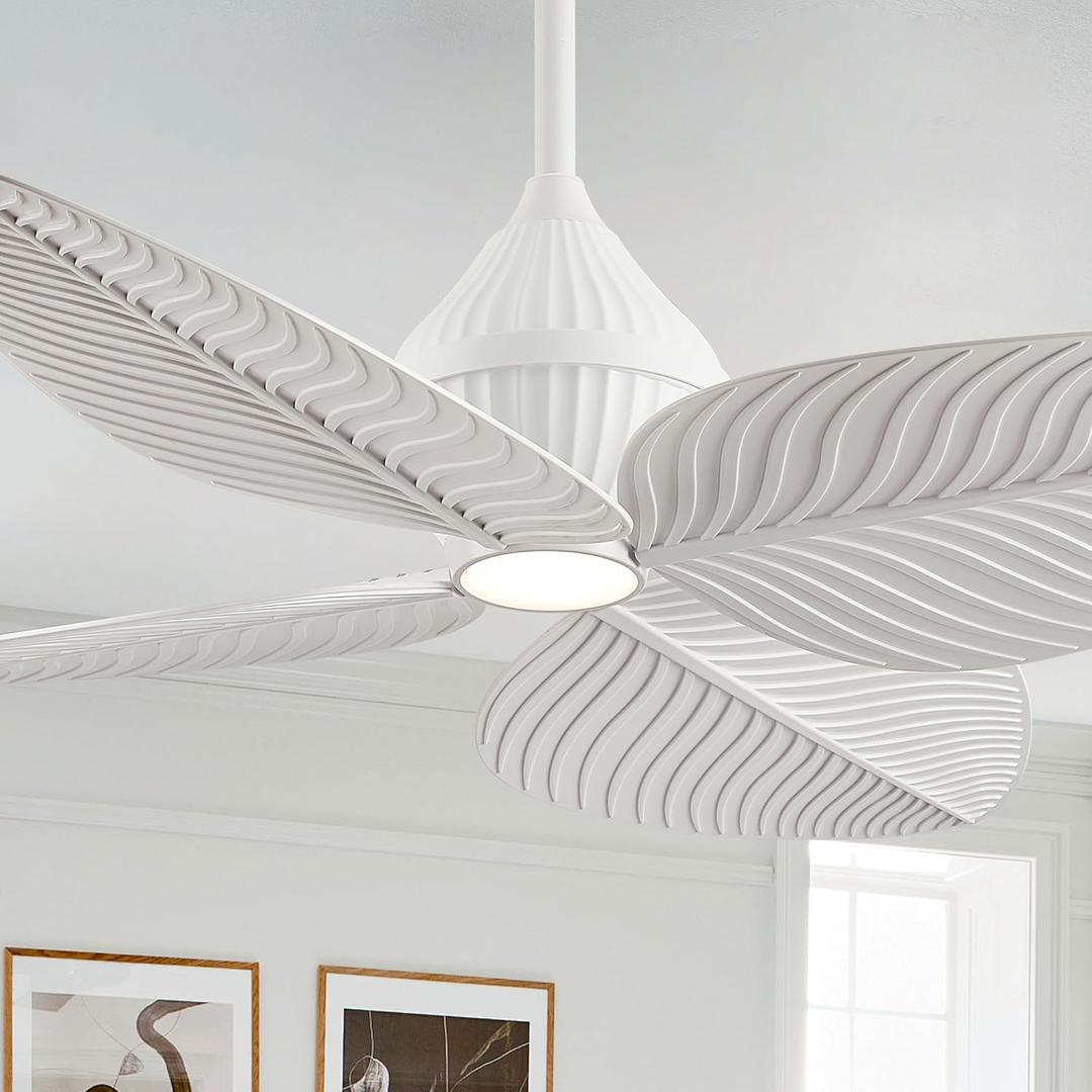 52" Tropical Ceiling Fans with Lights, Indoor Palm Leaf Ceiling Fan with Light and Remote for Living Room Bedroom, ABS Blades, Dimmable LED Lights, 6 Speeds, Adjustable Height-White