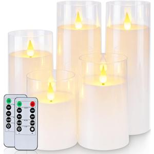 Homemory Pure White Flickering Flameless Candles, Battery Operated Acrylic LED Pillar Candles with Remote Control and Timer, Set of 5