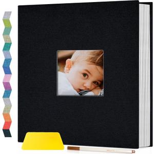 Popotop Photo Album Self Adhesive with Picture Display Window,40 Pages DIY Scrapbooking Supplies Kit for 4x6 8x10 Picture,Linen Cover Memory Book for Baby Wedding, with Scraper and Metallic Pen