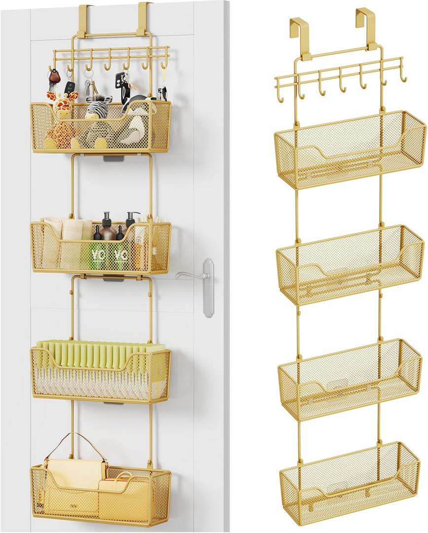 HapiRm Over The Door Organizer  Hanging Door Organizer with 4 Metal Large Capacity Baskets and Adjustable Coat Hook for Bathroom Bedroom Kitchen Pantry Closet Cabinet