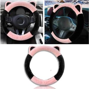 Car Steering Wheel Cover, Cute Steering Wheel Protector with Kitty Cat Ears,Fluffy Soft Plush for Winter Warm, Universal Fit 15 inches for Car,SUV, Elastic & Anti-Slip (Black/Pink)