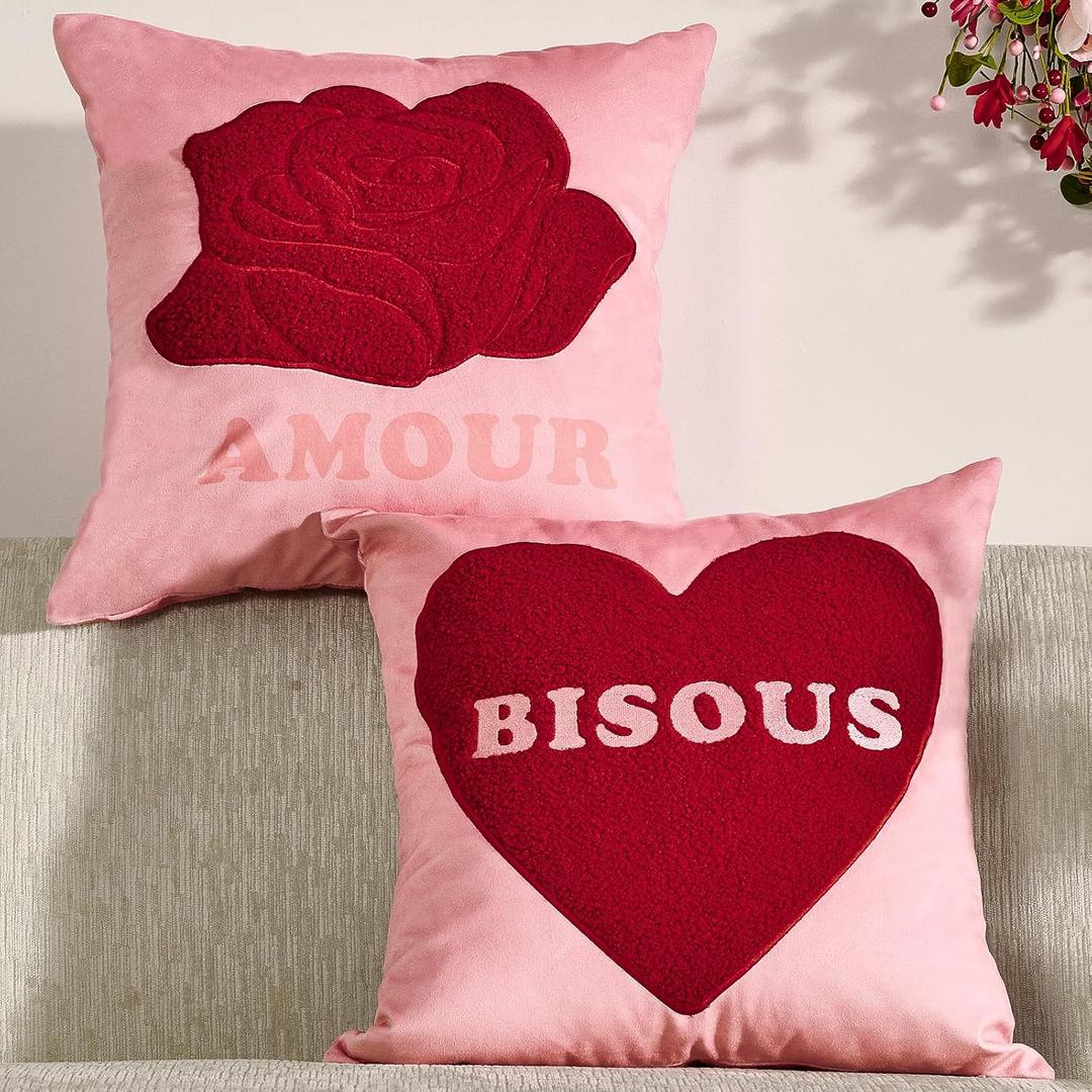 2 x DN DECONATION Valentine Pillow Covers 18x18 Set of 2, Red and Pink Throw Pillow Covers for Couch Bed, Sherpa Heart Rose Romantic Home Decor for Living Room Valentine's Day Decoration