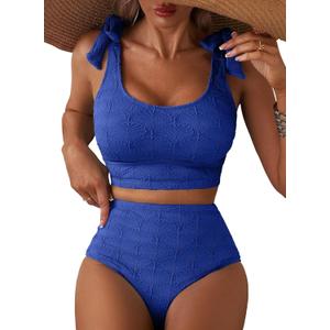 Herseas Women 2 Piece High Waisted Bikini Sets Seashell Textured Tie Strap Swimsuits Bathing Suit Beach Summer Outfits (Large, Bright Blue)