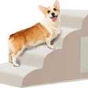 Dog Stairs for Small Dogs 19.7”H,Checked Flocking Fabric,with Cushioning Support Layer,4-Step Dog Steps for High Bed,Couch,Sofa and Chair,Non-Slip Balanced Pet Ramp Indoor, Beige