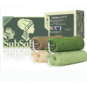 SubSahara Authentic African Net Sponge - 4 Pack Exfoliating Bath & Shower Loofah Sponge for Body & Face, Gentle Scrubber for All Skin Types, Travel, Durable (Brown,linen,olive Green,light Green)