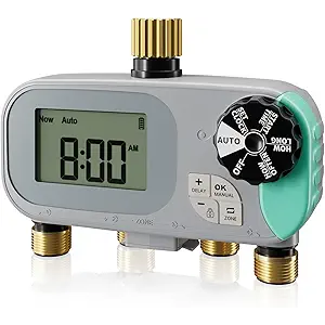 QUOBAS Sprinkler Timer for Garden Hose with Child Lock, Programmable Brass Digital Water Timer 4 Zone for Drip Irrigation, Pool, with Rain Delay/Auto/Manual, Waterproof Screen & Battery Powered