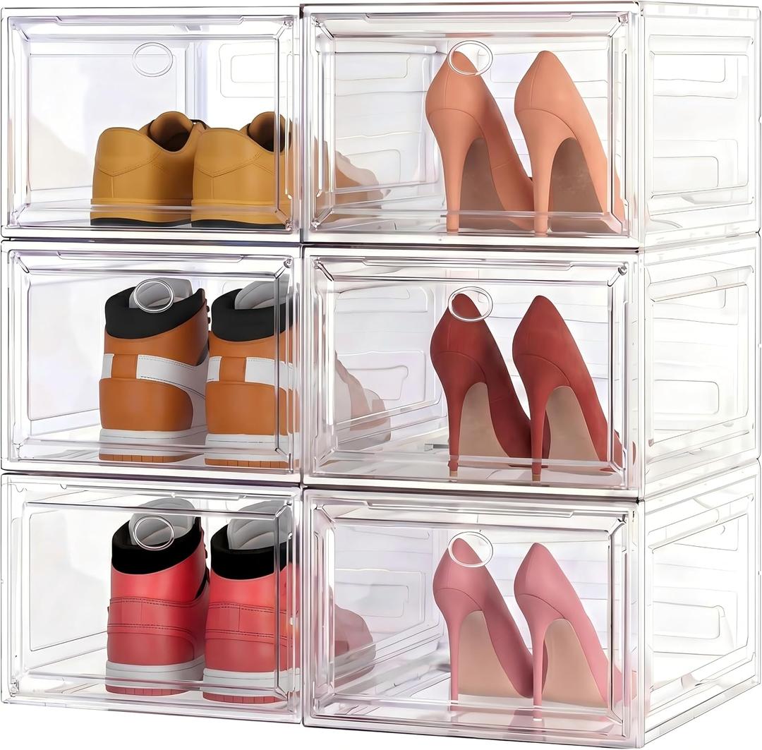 Thickened Clear Shoe Storage Organizer with Magnetic Door, Sturdy Stackable Shoe Boxes for Closet, Collapsible Space-Saving Shoe Rack for Sneakers & Boots, Plastic Shoe Cabinet Box Set, 6 Pack, White