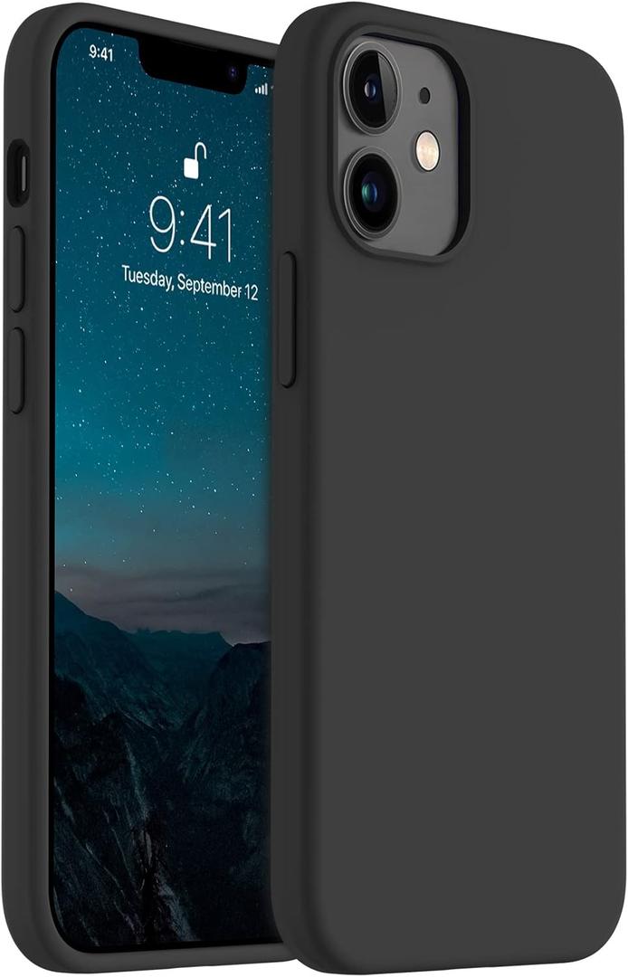 AOTESIER Shockproof Designed for iPhone 12 Mini Case, Food Grade Liquid Silicone Phone Case with [Soft Anti-Scratch Microfiber Lining] Drop Protection 5.4 inch Slim Thin Cover, Black