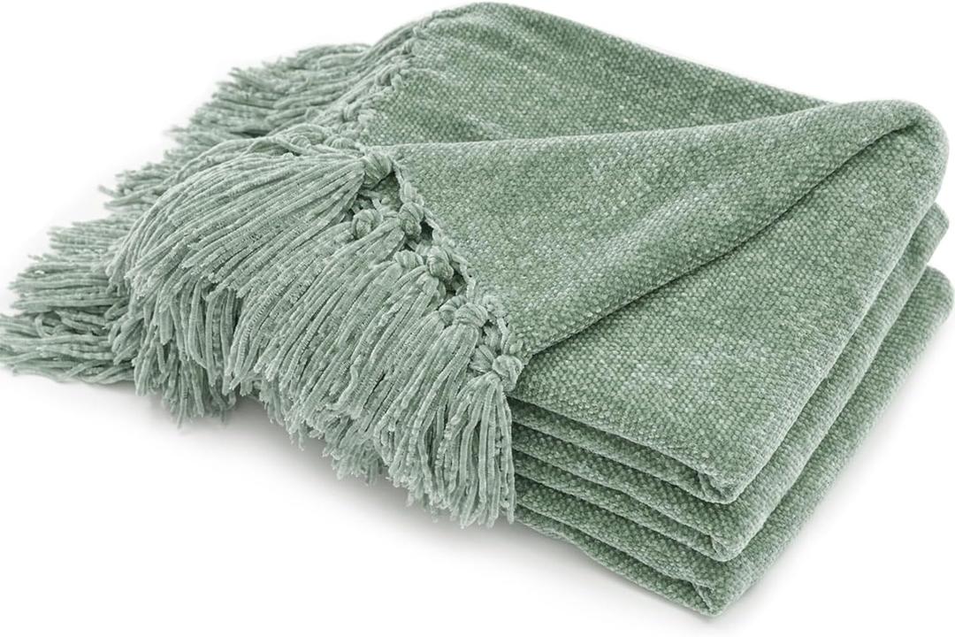 EVERGRACE Soft Chenille Throw Blanket for Couch, Cozy Plush Fuzzy Decorative Chenille Knit Throw Blanket with Tassels, Lightweight Blanket and Throws for Bed Sofa Gift Home Decor, Sage Green 50"x60"