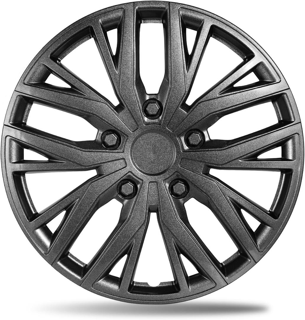 15 Inch Gunmetal Gray Sporty 10-Spoke Design Universal Wheel Covers Hubcaps for Steel Wheels, Set of 4, Patented Adjustable Snap-On Design, Tool-Free Install