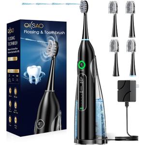 Electric Toothbrush with Water Flosser 3 in 1, Sonic Flossing Toothbrush with 3 Modes & 5 Speeds, 4 Brush Heads, Portable for Travel, for Adults Teeth Cleaning and Plaque Removal,Black