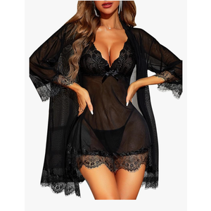 RSLOVE Women Sexy Lingerie Set 3 Piece Babydoll & Lace Kimono Robe Strap Chemise Sleepwear Mesh Nightgown, Size L