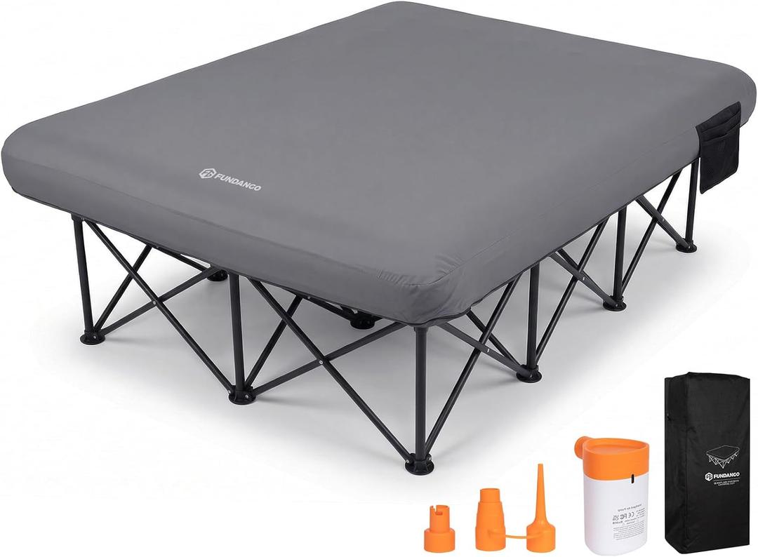 FUNDANGO Queen Camping Cot with Electric Pump, Inflatable Air Mattress Bed with Removable & Washable Cover, Folding Frame, Cup Holders, Carry Bag for Adults, Tent, Guest (80"x60"), X-Large