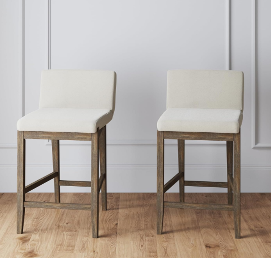 Nathan James Gracie Modern Counter Height Bar Stool with Back, Counter Stool Upholstered Chair with Natural Textured Linen and Brushed Wooden Legs, Cream Boucle/Dark Brown, Set of 2