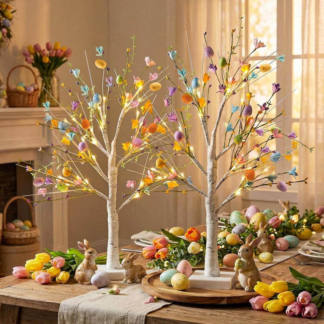 Baquler 2 PC Easter Decorations Lighted Easter Birch Tree with Hanging Eggs Tabletop Decor Artificial Pre Lit Tabletop Trees 24 Inch Spring Decorations for Home Indoor Table Centerpiece, Easter
