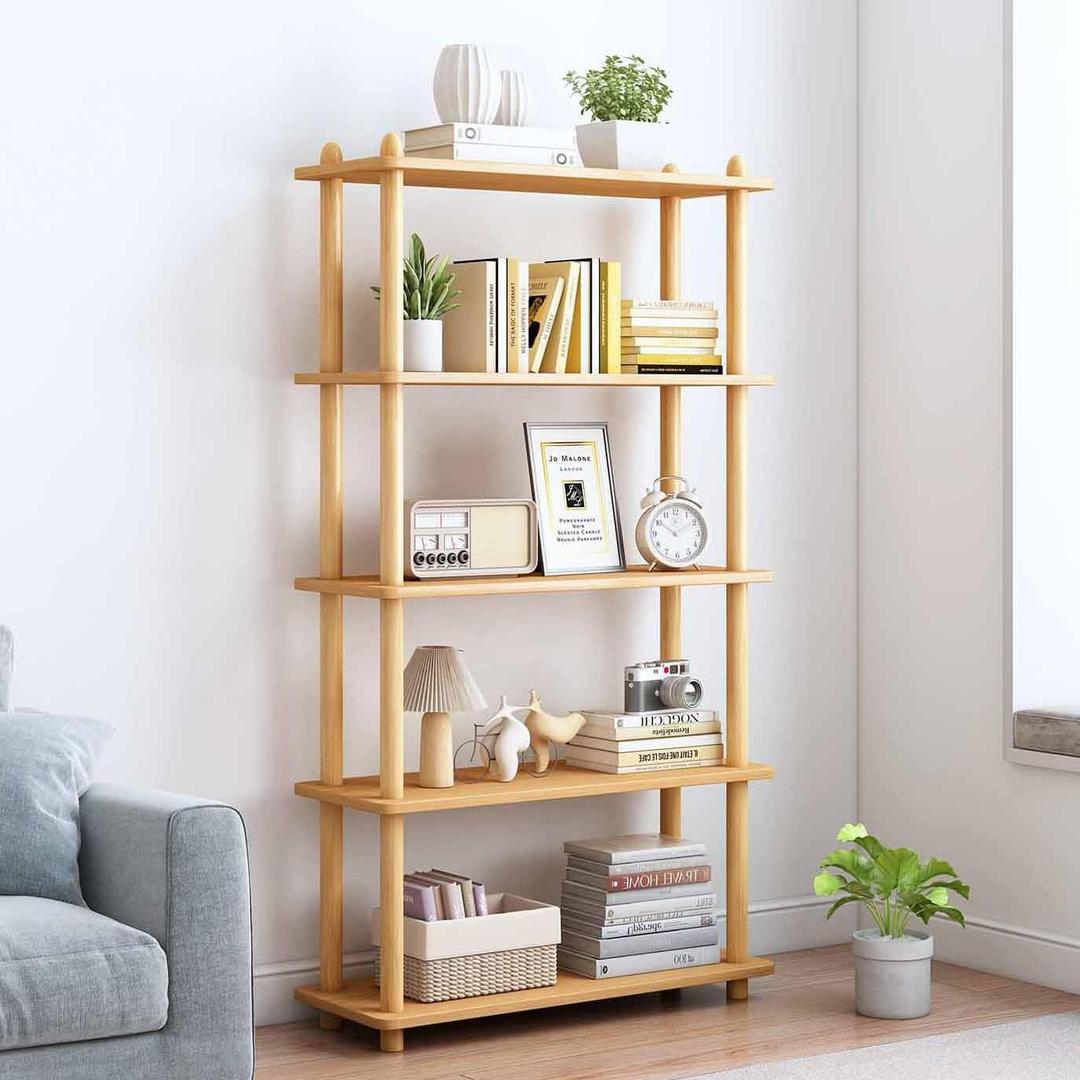 IOTXY 5-Tier Wooden Shelf Bookcase - Modern Open Bookshelf, Free Standing Storage Rack, Multifunctional Display Stand for Home and Office, Oak, Rectangle