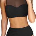 RXRXCOCO Women Mesh Two Piece Swimsuit High Waisted Bikini Set Ruched Tummy Control Bathing Suits (066# Black)