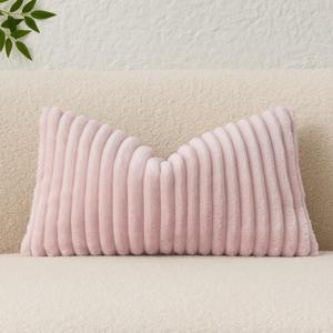 Kevin Textile Valentine's Day Soft Plush 14x24 Inch Lumbar Pillow Cover 1 Pack, Luxury Fluffy Faux Fur Striped Flannel Rectangle Cushion Case for Couch Sofa Chair Bed Home Decor, Light Pink