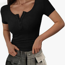 PRETTYGARDEN Women's 2025 Fall Summer Short Sleeve Tops Ribbed Henley Button Slim Fit Basic Casual T Shirts Blouse Clothing M