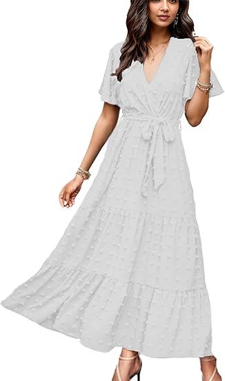 kinstell Women's 2025 Floral Summer Dress Wrap V Neck Short Sleeve Belted Ruffle Hem ALine Bohemian Maxi Dresses BIvory Large