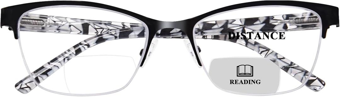FONHCOO Bifocal Reading Glasses for Women, Metal Spring Hinge Blue Light Blocking Half Frame readers Anti UV/Glare/Eyestrain (Black)