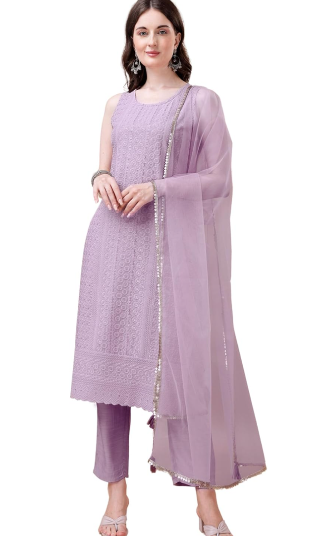 Women's Silk Chikankari Kurta Pant & Dupatta Set
Color: Purple
Size: M