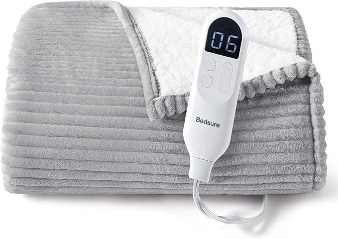 Bedsure GentleSoft Electric Blanket Full Size - Soft Ribbed Flannel Heated Blanket with 6 Heat Settings, Heating with 10 Time Settings, 8 hrs Timer Auto Shut Off (72x84 inches, Light Grey)