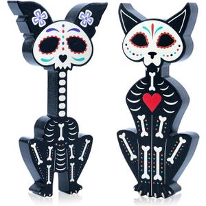 2 Pcs Day of The Dead Skeleton Cat and Dog Figurines, Dia De Los Muertos Wooden Table Decoration, Black Altar Sugar Skulls Tabletop Sign for Mexican Halloween Home Tiered Tray Decor Desk Mantle